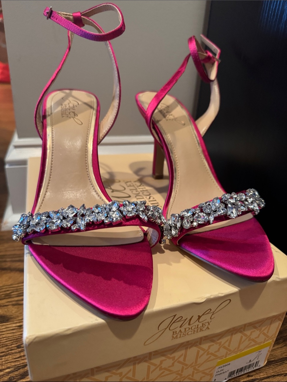 NEW IN BOX—Jewel Badgley Mischka Hot Pink Crystal-Embellished Satin Heels - Picture 4 of 5